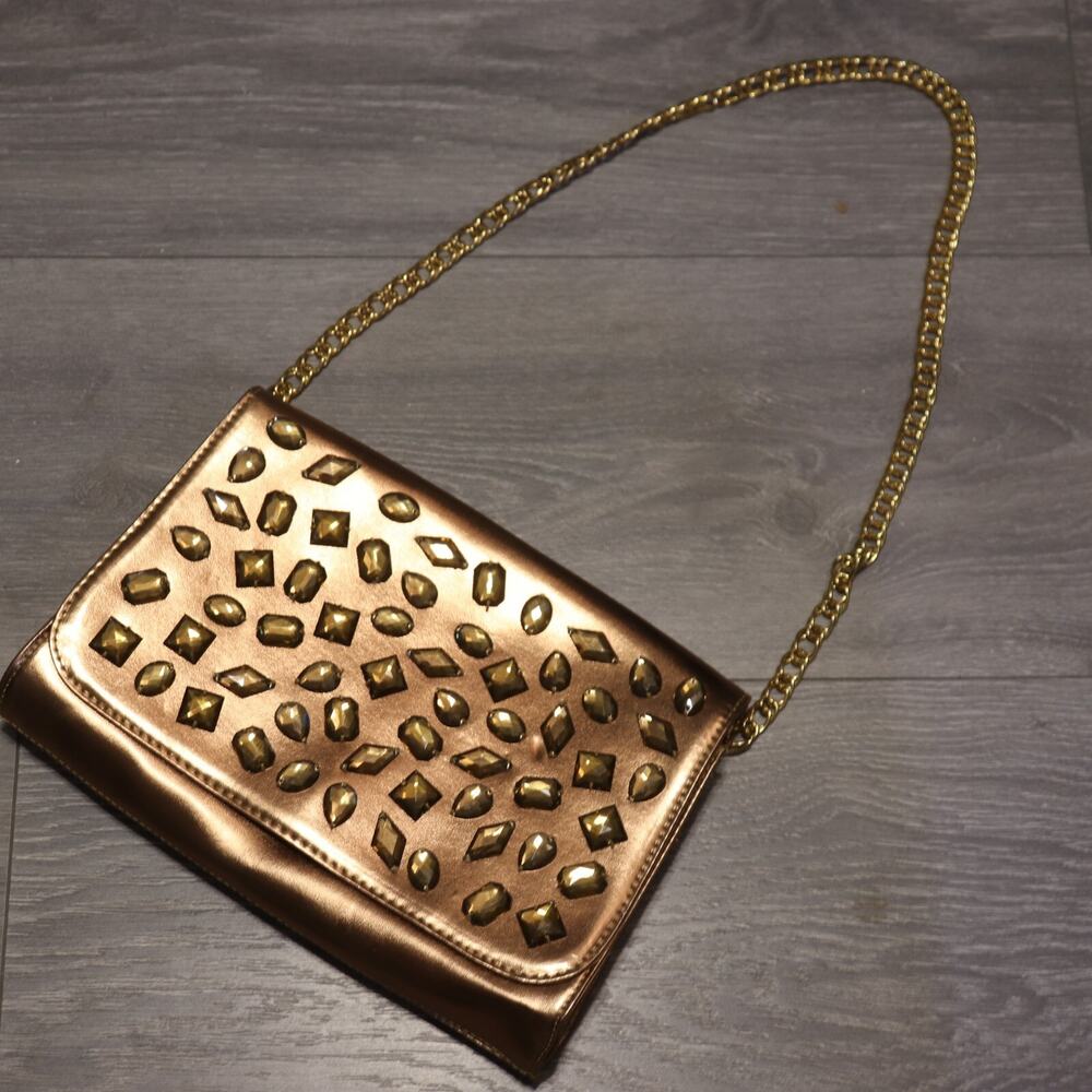 Joan Rivers Handbag Women M Gold Metallic Rhinestone Gold Tone Shoulder Bag